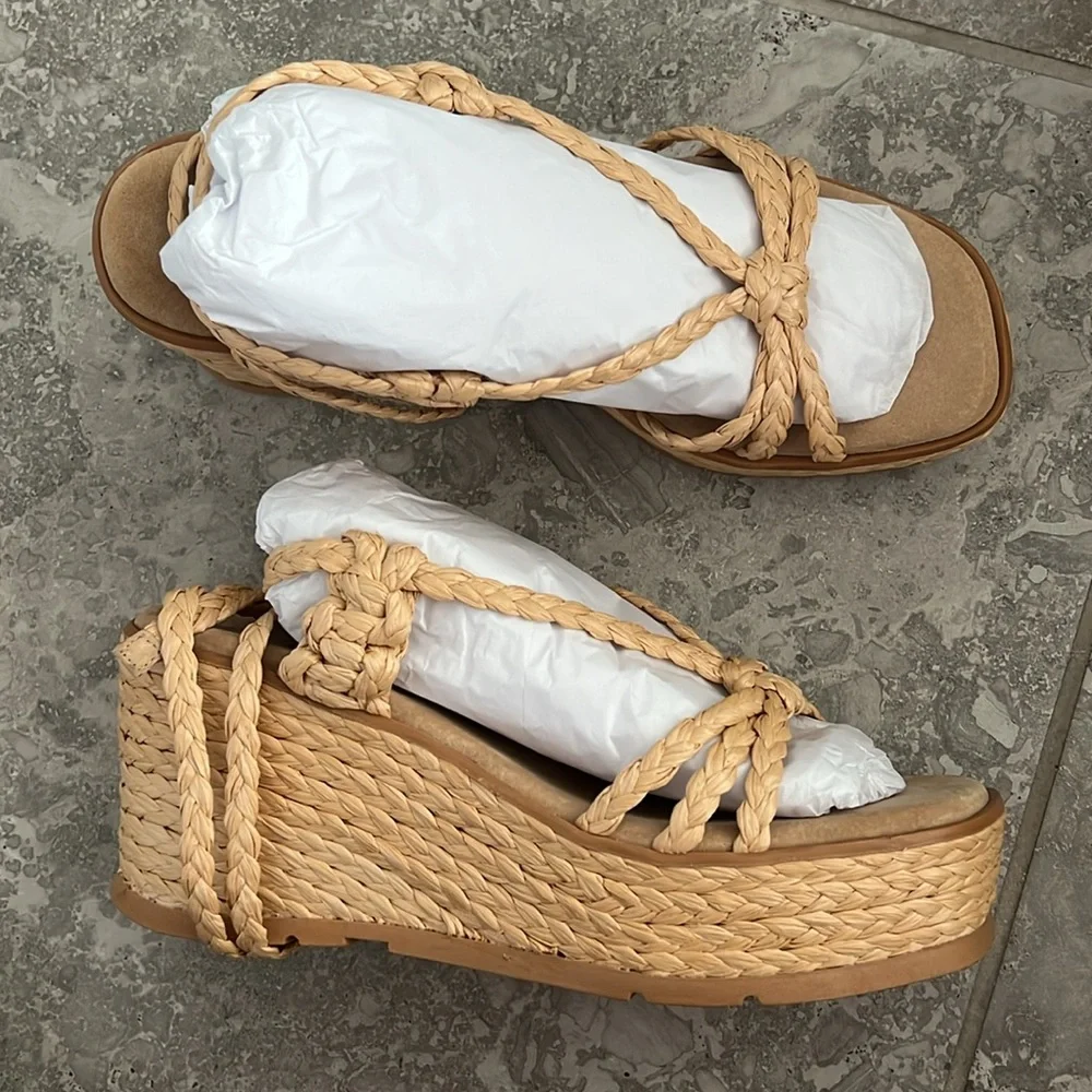 NEW Schutz Revolve* Geissa Platform Wedge Espadrille Sandals Nude, Size 11B $158